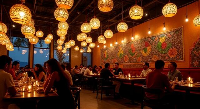 Lámparas de latón repujado y murales de azulejo para el Restaurante Cielo Rojo