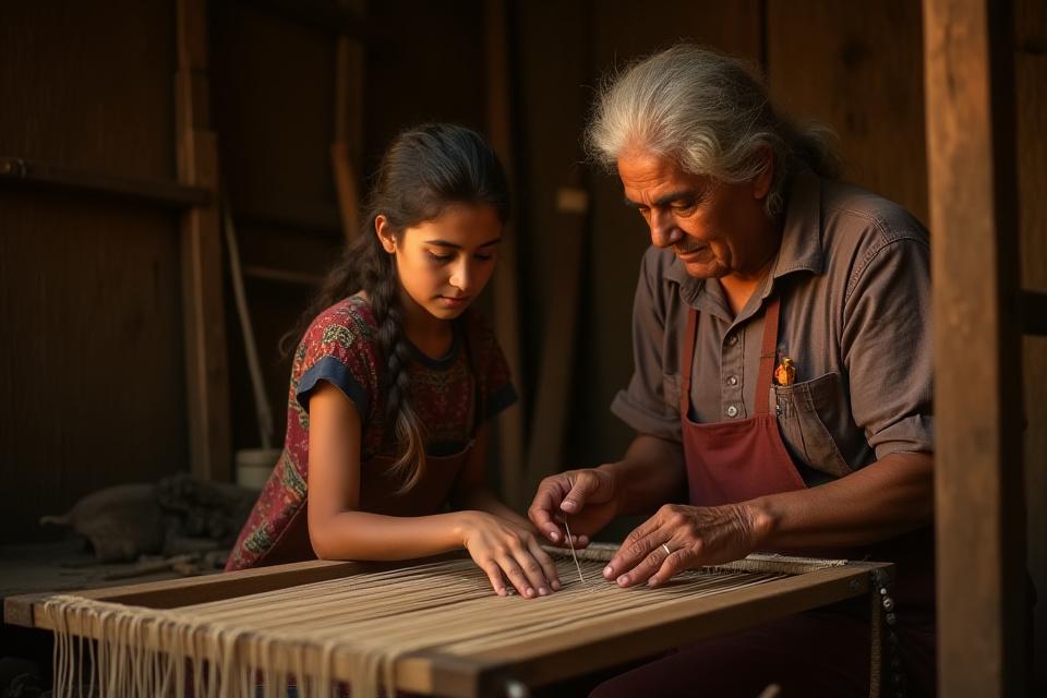 Maestro tejedor de edad avanzada enseñando pacientemente a un joven aprendiz frente a un telar de cintura.