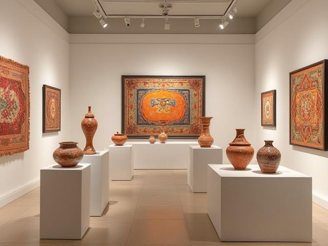 Obras de arte popular mexicano, incluyendo cerámica y textiles, exhibidas en una galería bien iluminada.