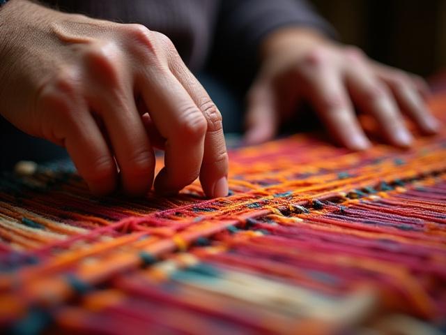 Primer plano de manos tejiendo en un telar tradicional mexicano con hilos vibrantes.