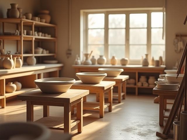 Área de cerámica equipada con varios tornos de alfarero y herramientas, con una luz natural cálida