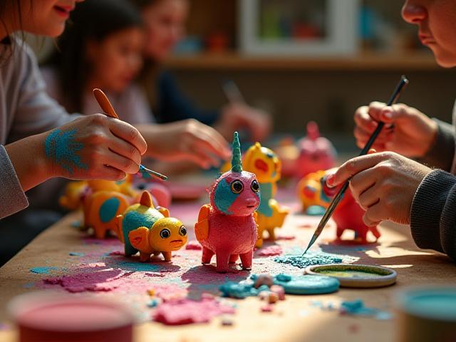 Grupo de personas pintando alebrijes de cartonería con colores vivos, mostrando un ambiente de creatividad y alegría.