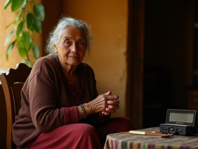 Anciana artesana contando historias, con grabadora y cuaderno, en un entorno cálido y tradicional.